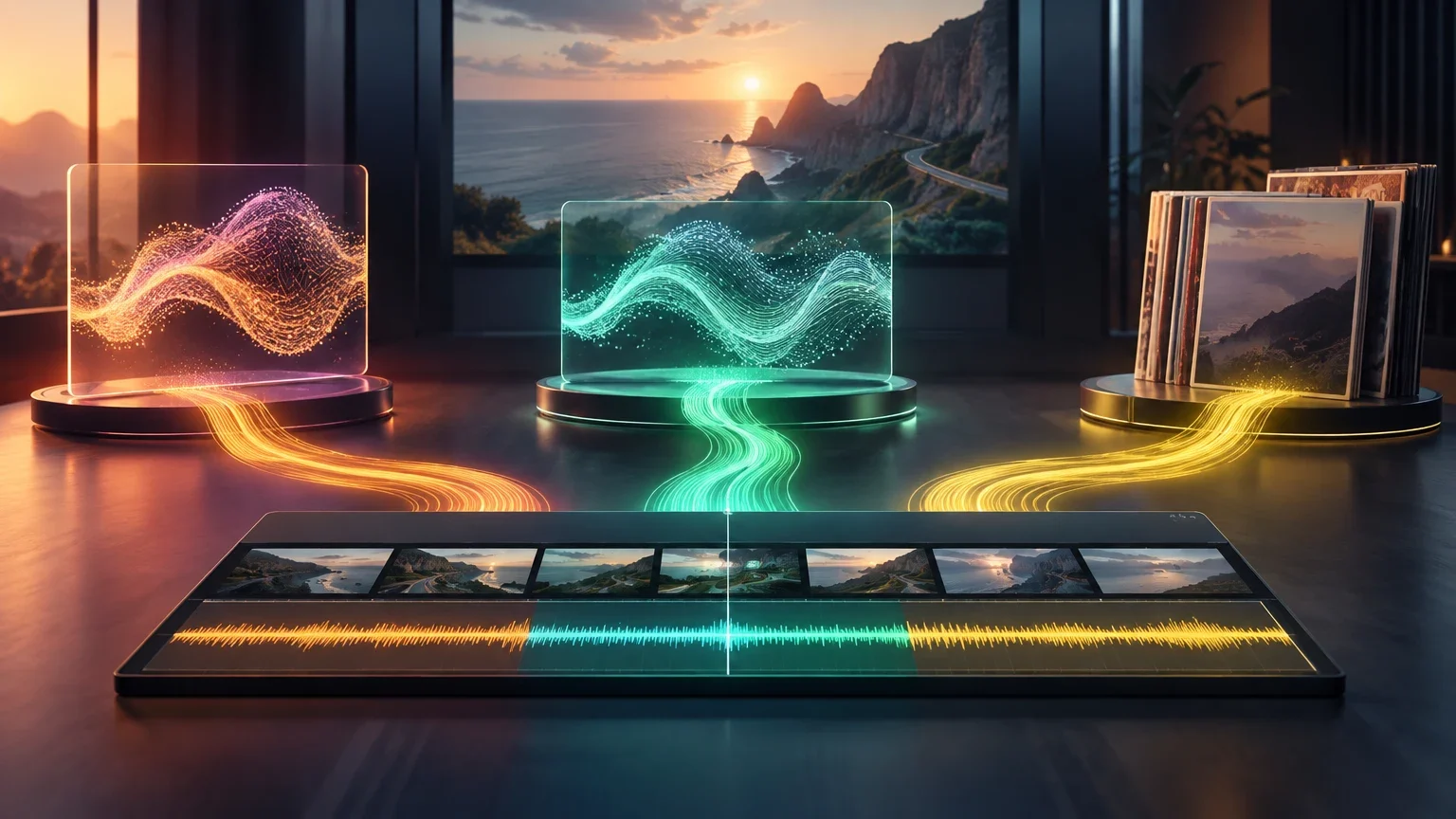 Ilustración editorial para Música de fondo con IA para vídeo: cómo comparar Lyria 3.5, Stable Audio 3.0 y una biblioteca licenciada
