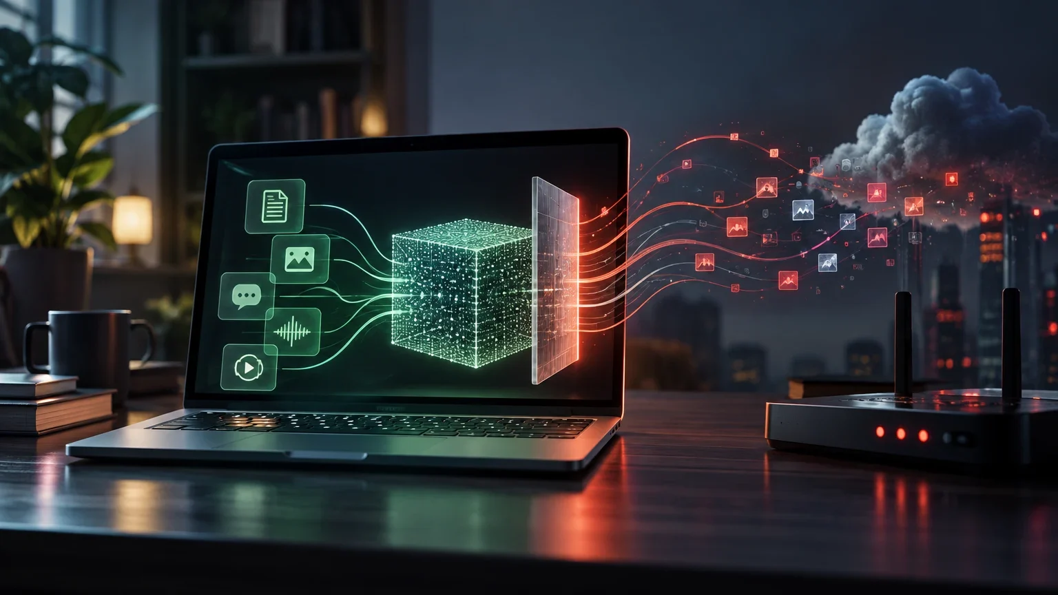 Ilustración editorial para IA local y privacidad: cómo comprobar qué datos salen de tu equipo