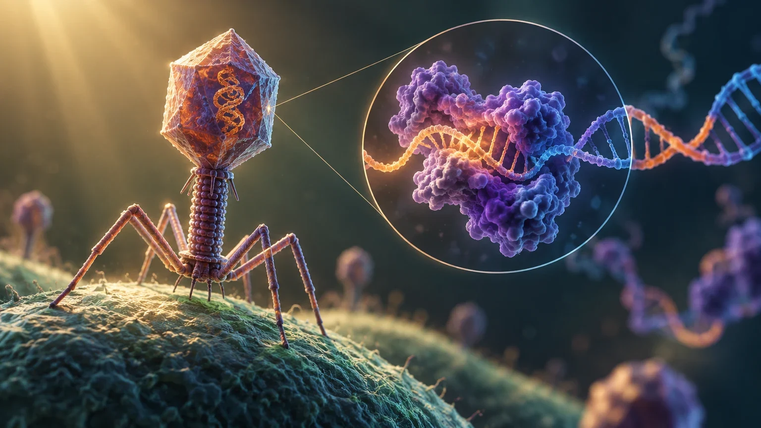 Ilustración editorial para Anthropic atribuye a Claude la detección de un sistema enzimático en bacteriófagos
