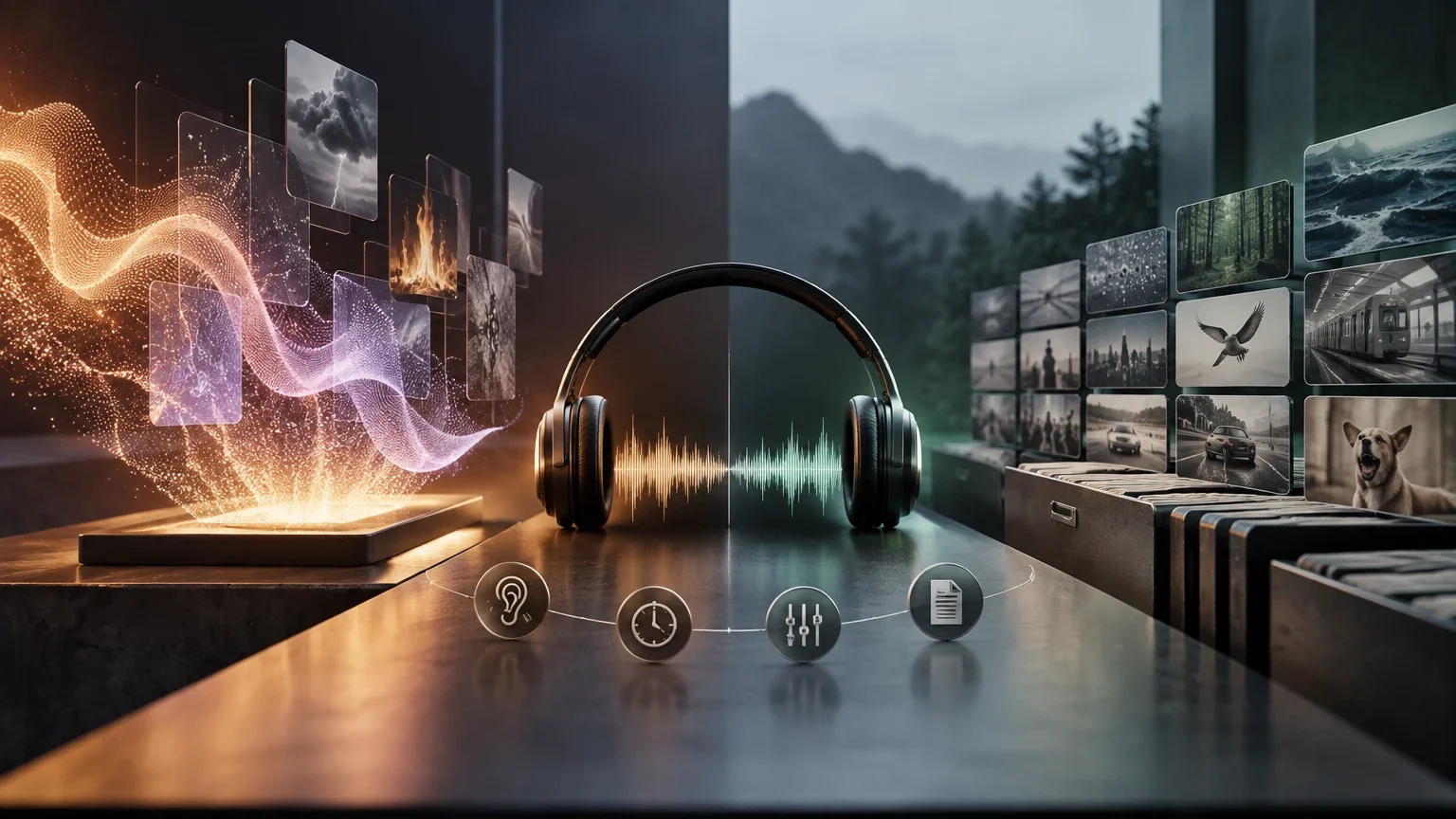 Ilustración editorial para Efectos de sonido con IA o de biblioteca: cómo evaluar Stable Audio 3.0 antes de integrarlo