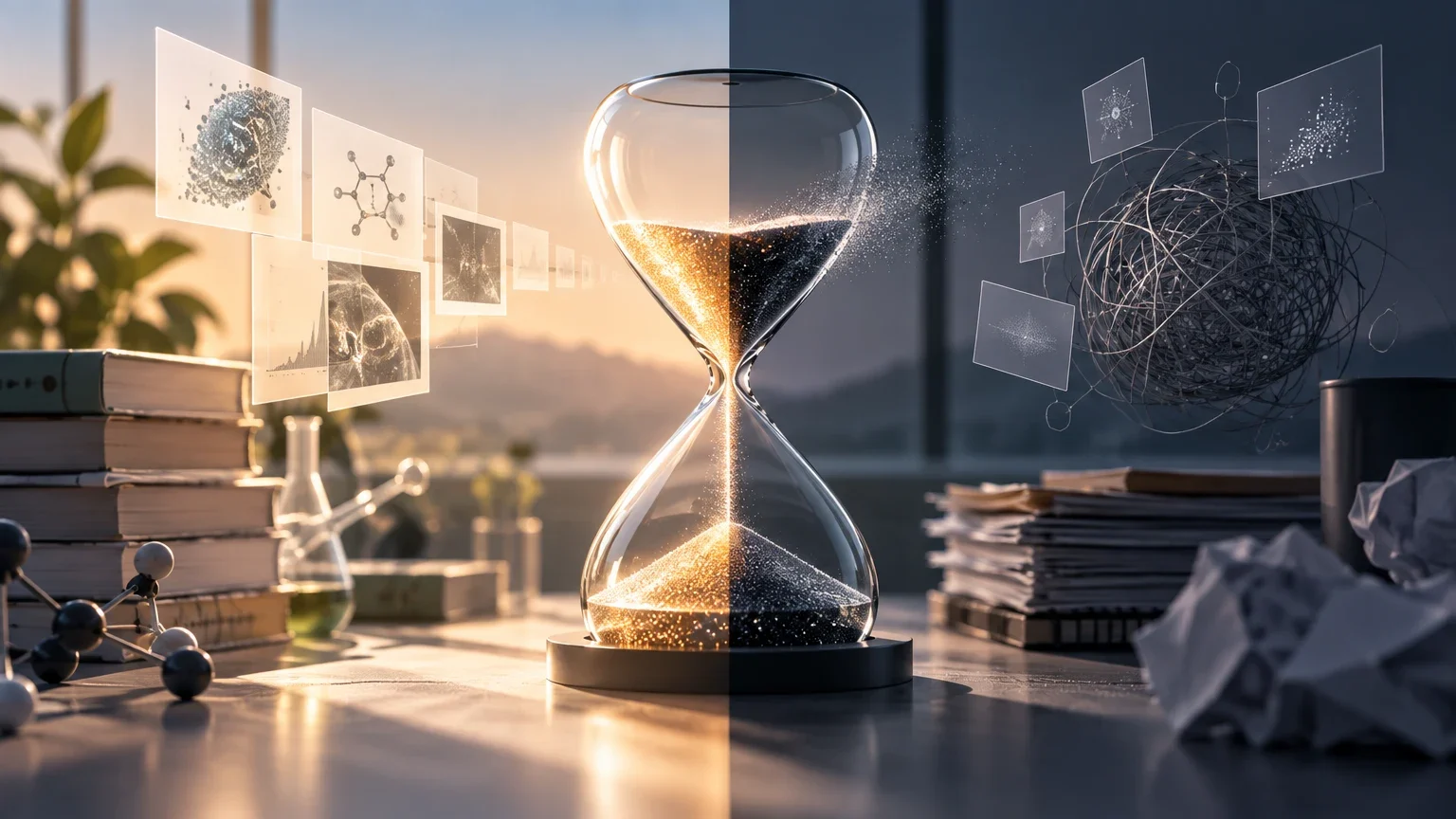 Ilustración editorial para Qué demuestra —y qué no— el estudio sobre el tiempo que la IA ahorra a los científicos