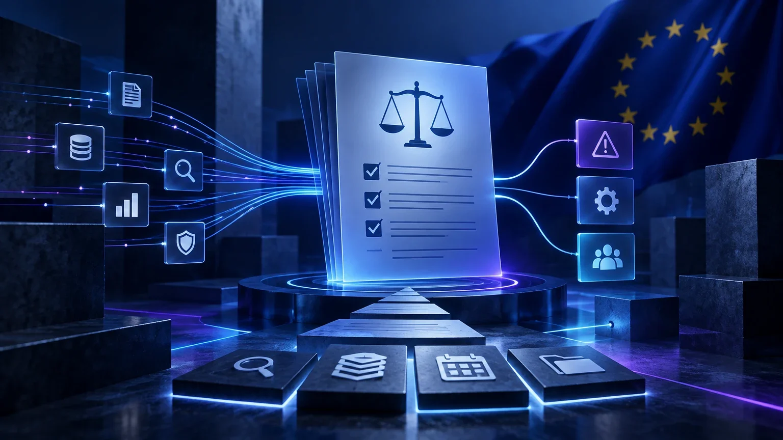 Ilustración editorial para AI Act en 2026: cómo decidir si un sistema de IA activa obligaciones, qué evidencias reunir y cuándo interviene una persona