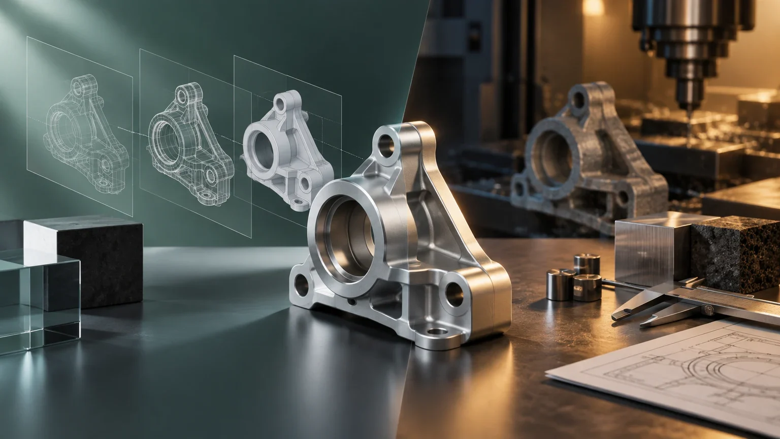 Ilustración editorial para BenchCAD: qué demuestra reconstruir una pieza mecánica ejecutable y qué no prueba sobre diseño industrial