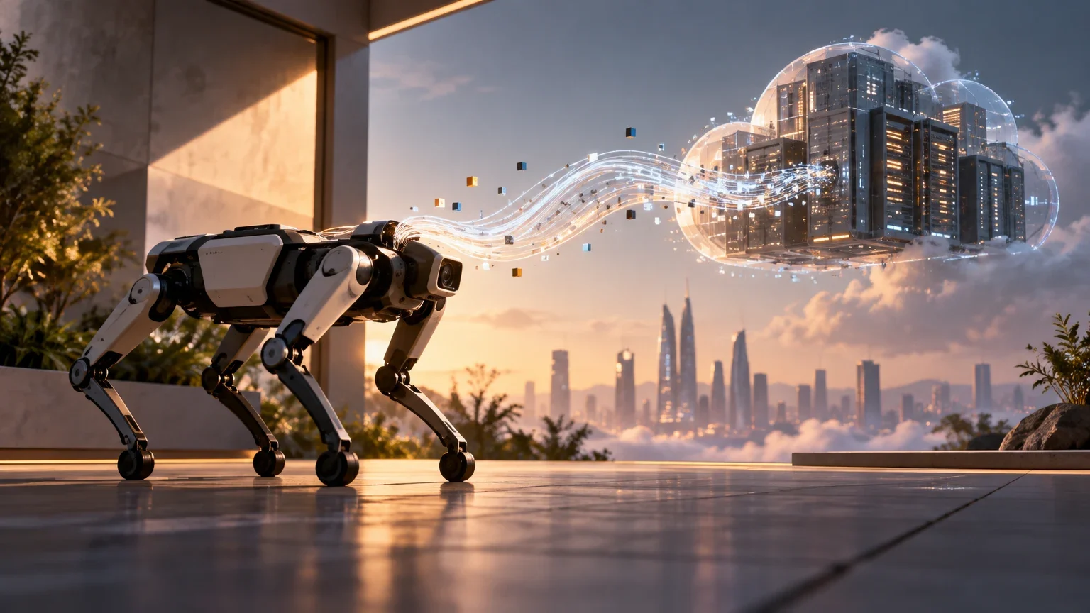 Ilustración editorial para Microsoft Research explora trasladar parte de la inferencia fuera del robot